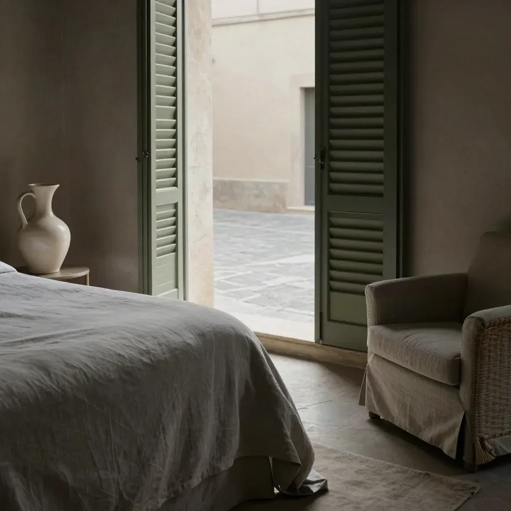 Camera di suite luminosa con letto rifatto, caraffa in ceramica e poltrona in lino.