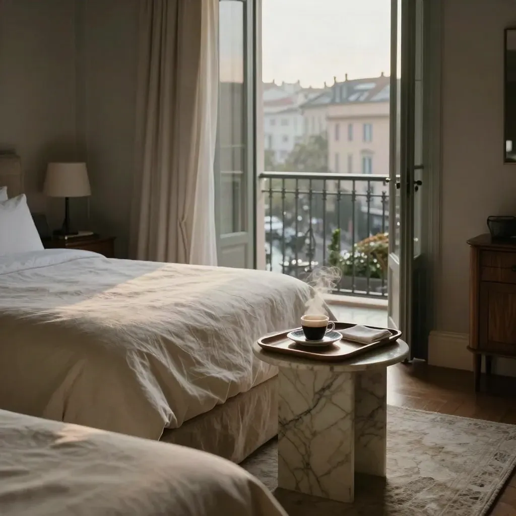 Suite boutique con letto king, vassoio colazione fumante e porte sul balcone socchiuse all’alba.