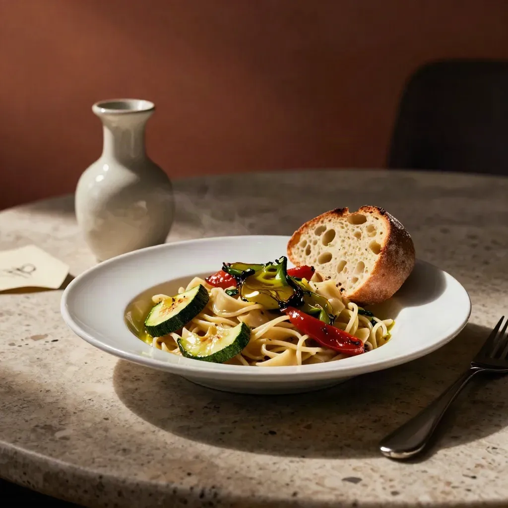 Primo piano di pasta stagionale con verdure arrosto, pane, olio e caraffa su tavolo in travertino.
