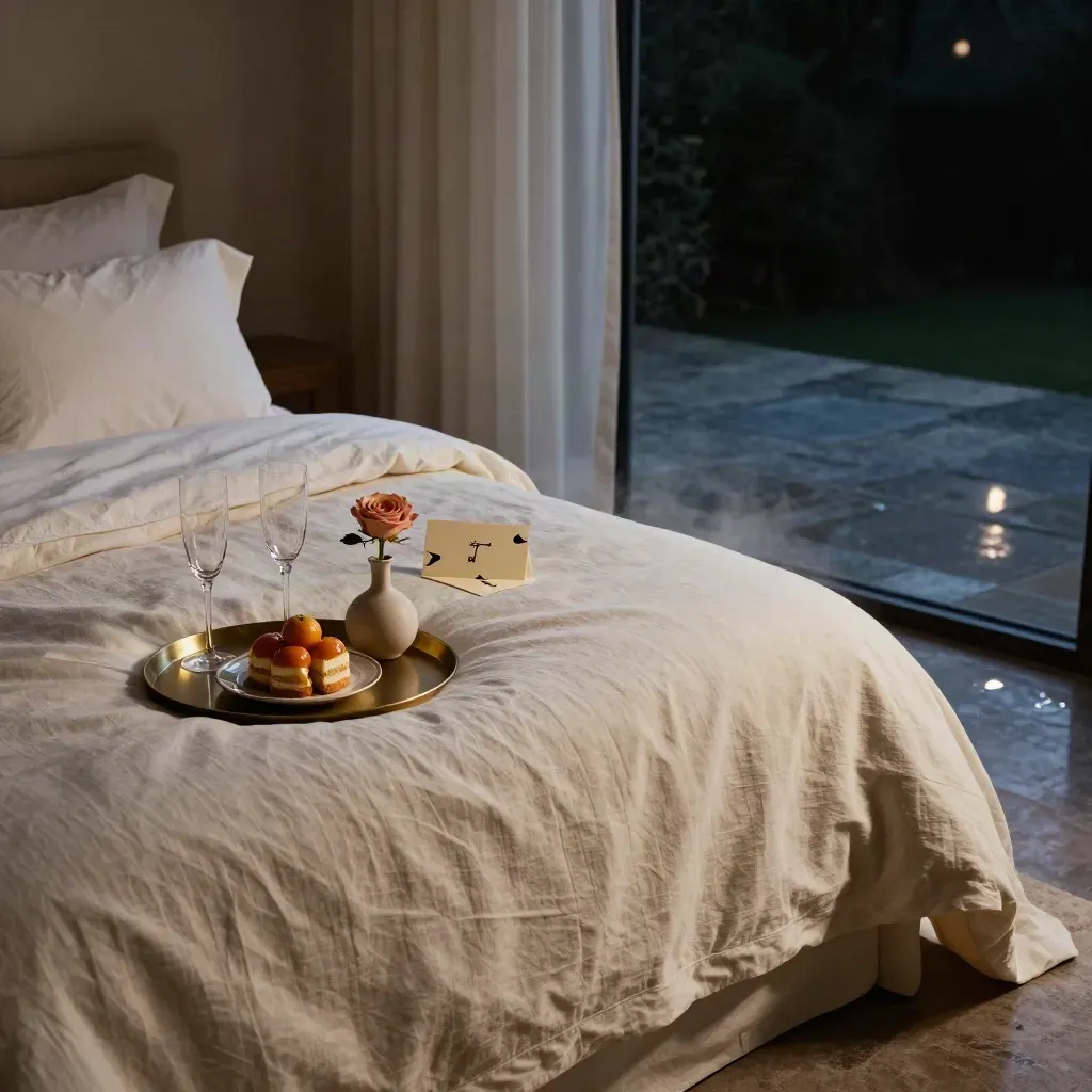 Suite romantica con letto, flûte, dessert, rosa e tenda mossa dalla brezza serale.
