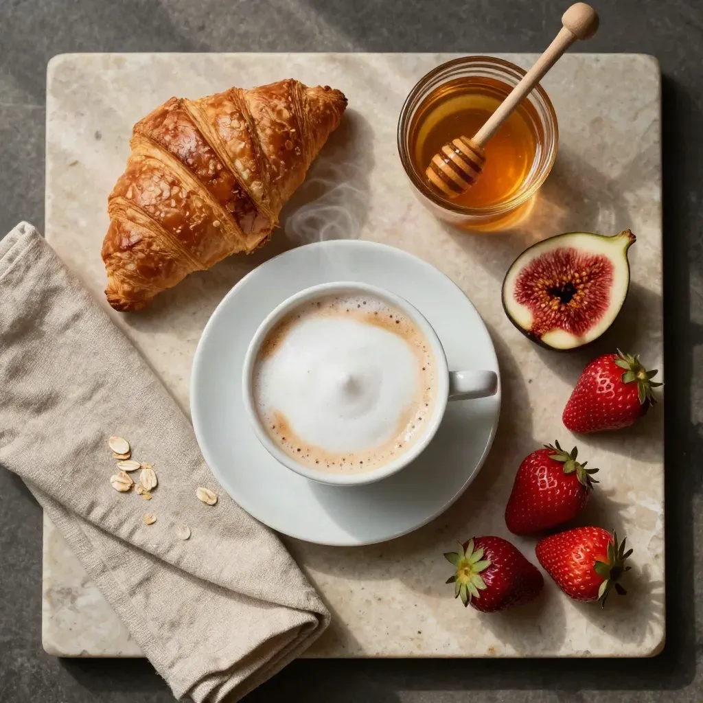 Flatlay dall’alto con cappuccino, cornetto, fichi, fragole, miele e tovagliolo di lino su travertino.