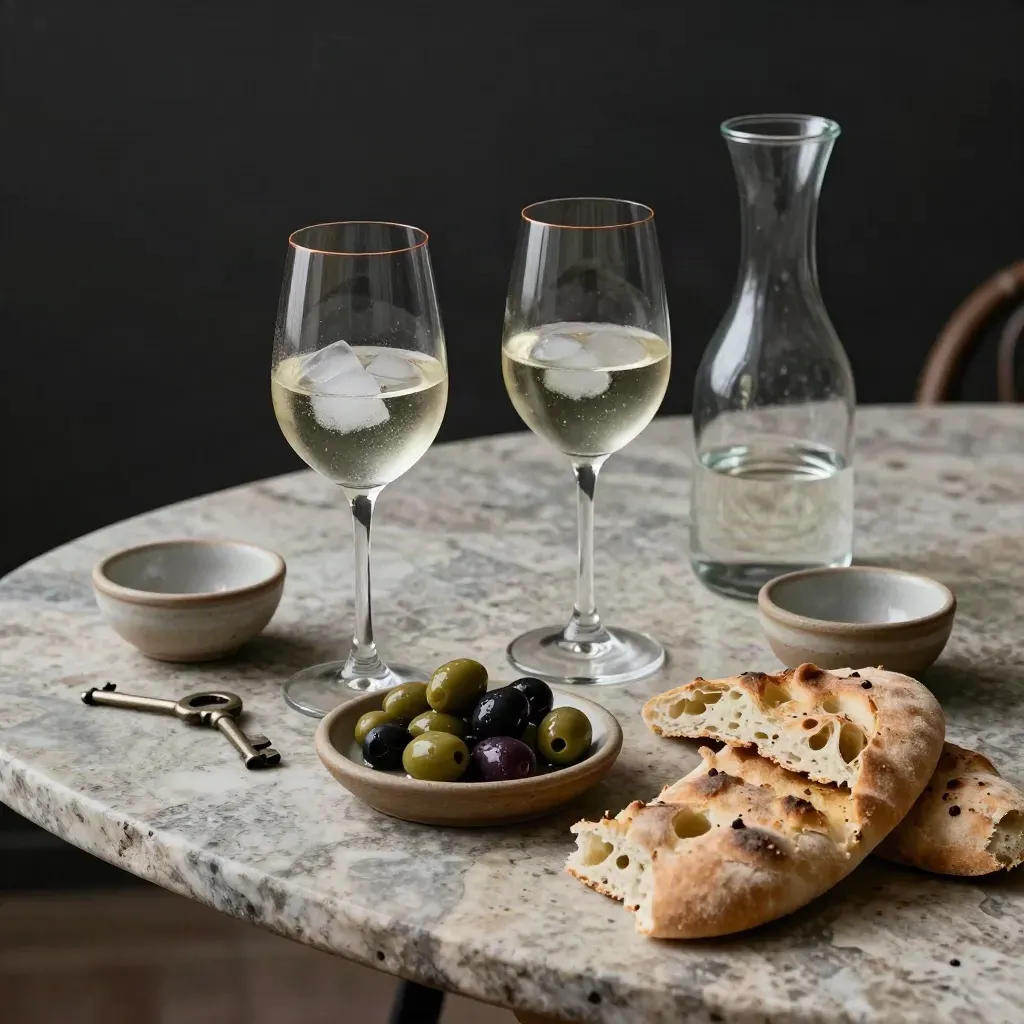 Calici con vino, tagliere di olive e focaccia su tavolo di pietra, atmosfera elegante.