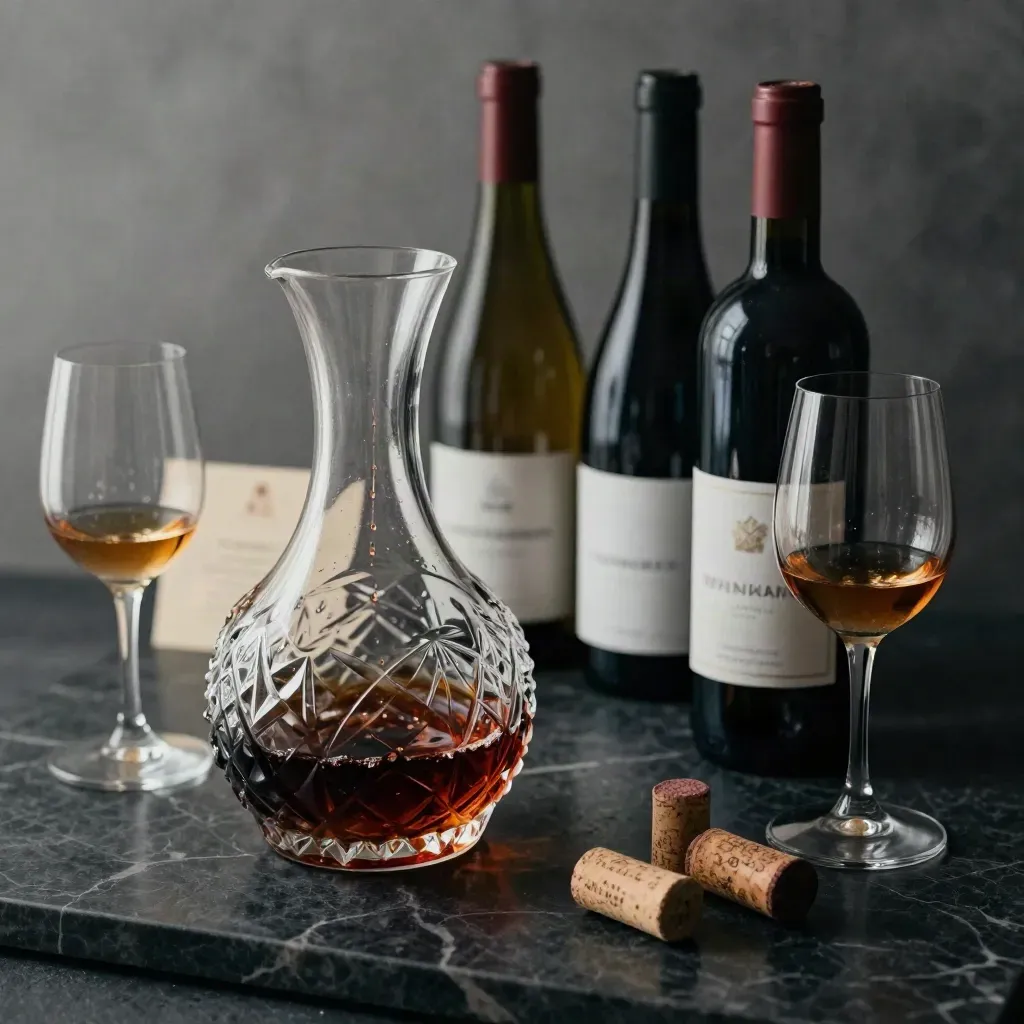 Tre bottiglie di vino, decanter e calici su marmo scuro, atmosfera fresca da cantina.