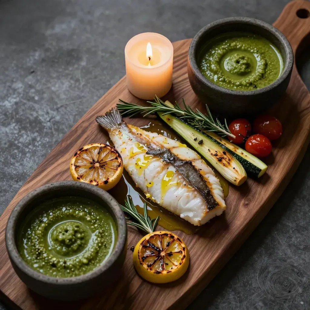 Flatlay dall'alto di pesce, verdure al forno, limone, erbe, ciotole e candela su legno caldo.