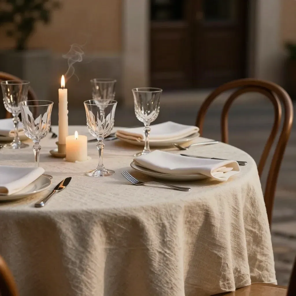 Tavolo rotondo allestito per evento privato con candele, calici e tovaglioli di lino in luce calda.
