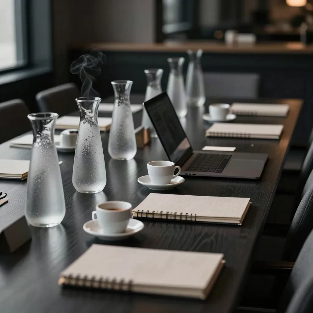 Sala meeting elegante con caraffe, tazzine, laptop chiuso e quaderni su un tavolo lungo.