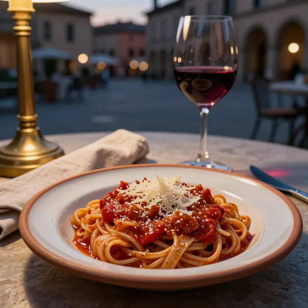 Tavolo per due al crepuscolo con piatti abbondanti, vino rosso e lampade calde sulla terrazza.