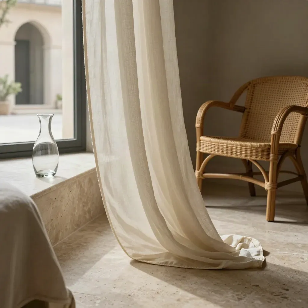 Primo piano di tenda crem e letto a baldacchino, sedia in vimini e caraffa in una suite sul cortile
