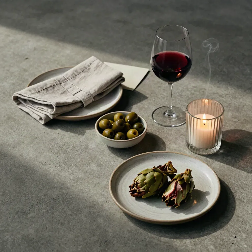 Flat lay di cena a due con antipasti, vino rosso e candela su lino e cemento.