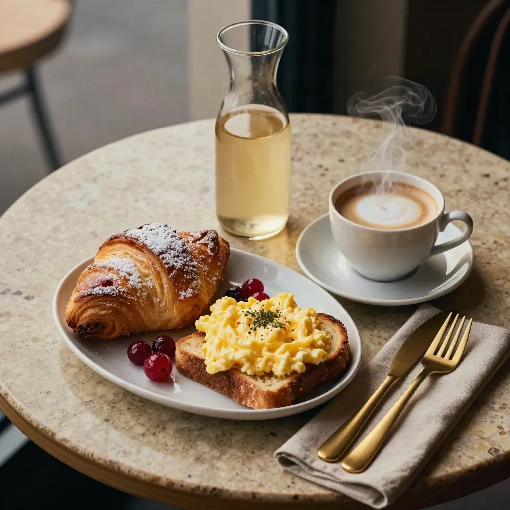 Brunch elegante con uova, dolci, frutti rossi, cappuccino fumante e caraffa di succo su tavolo in pietra.