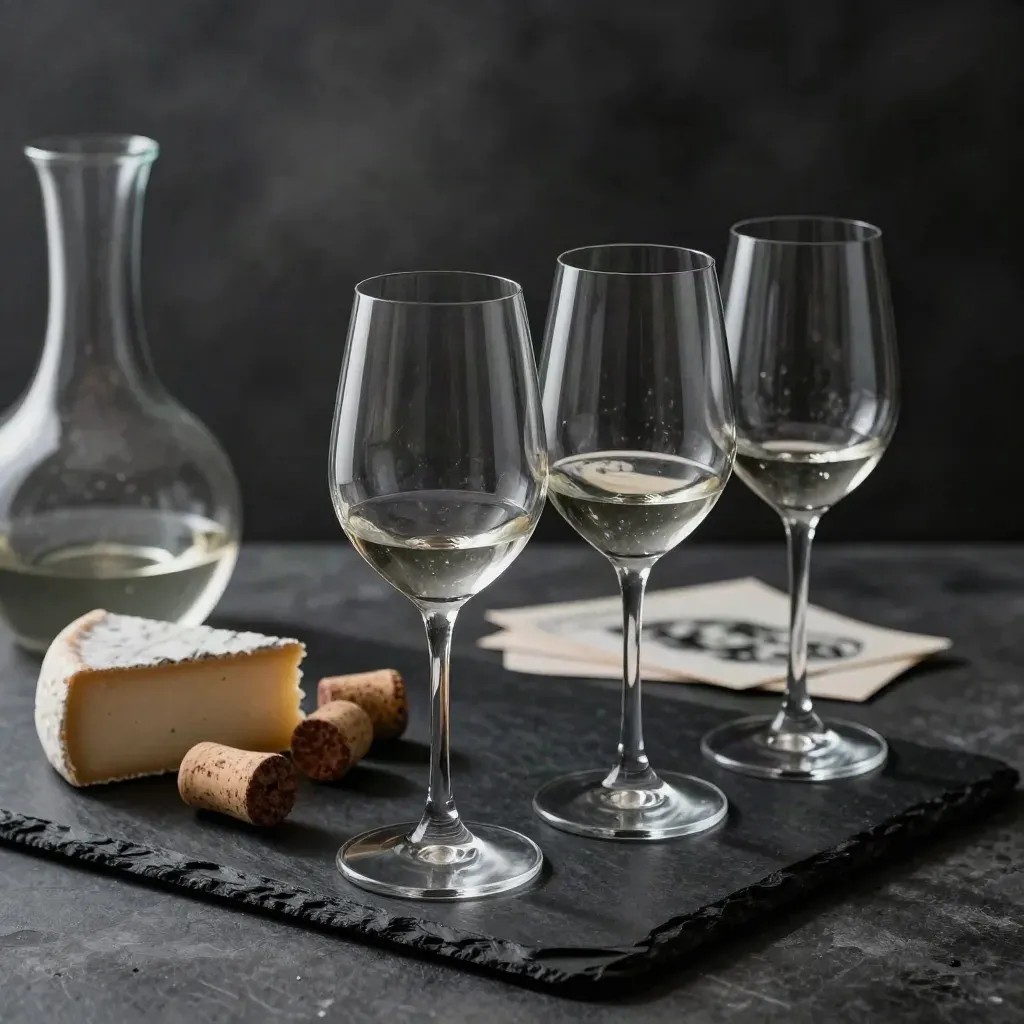 Quattro calici da degustazione con decanter, formaggi e tappi di sughero su lastra scura.