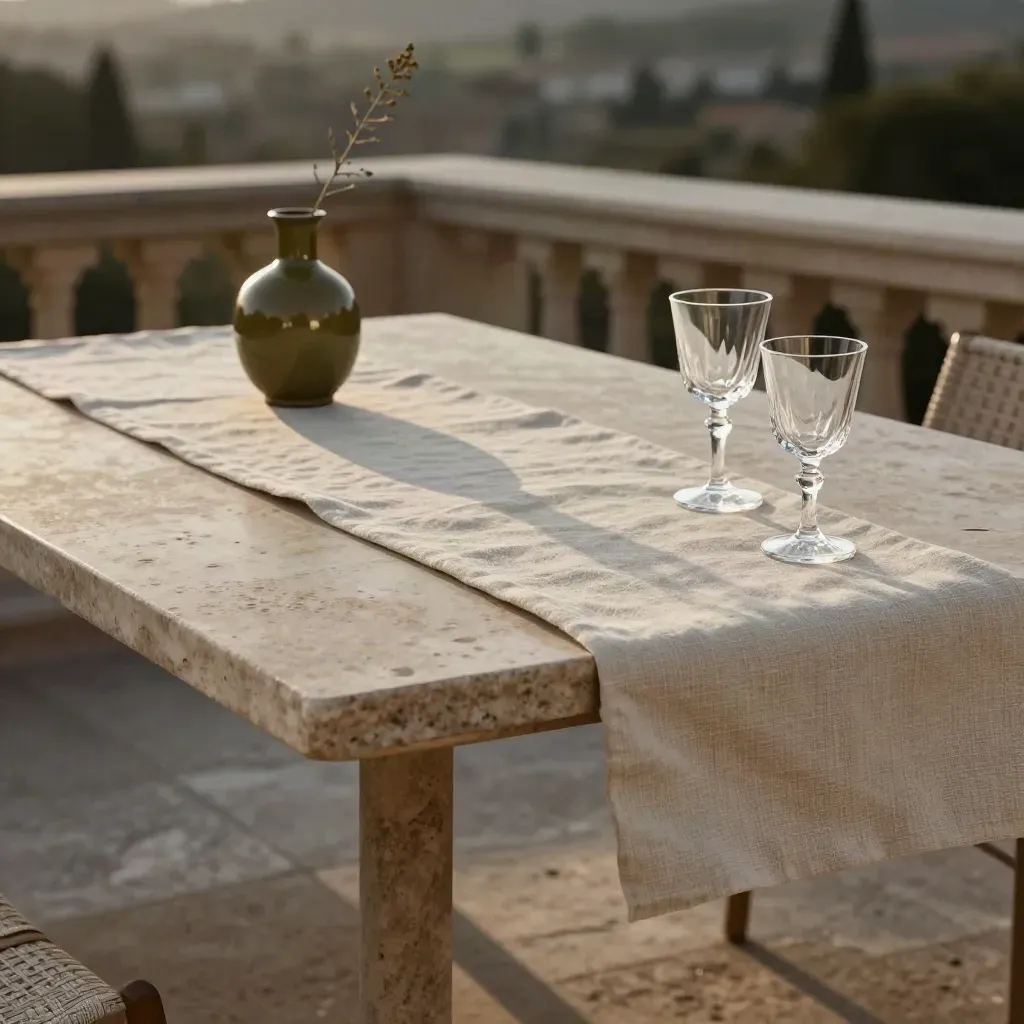 Tavolo in terrazza per due con runner in lino, vaso oliva e calici al tramonto.
