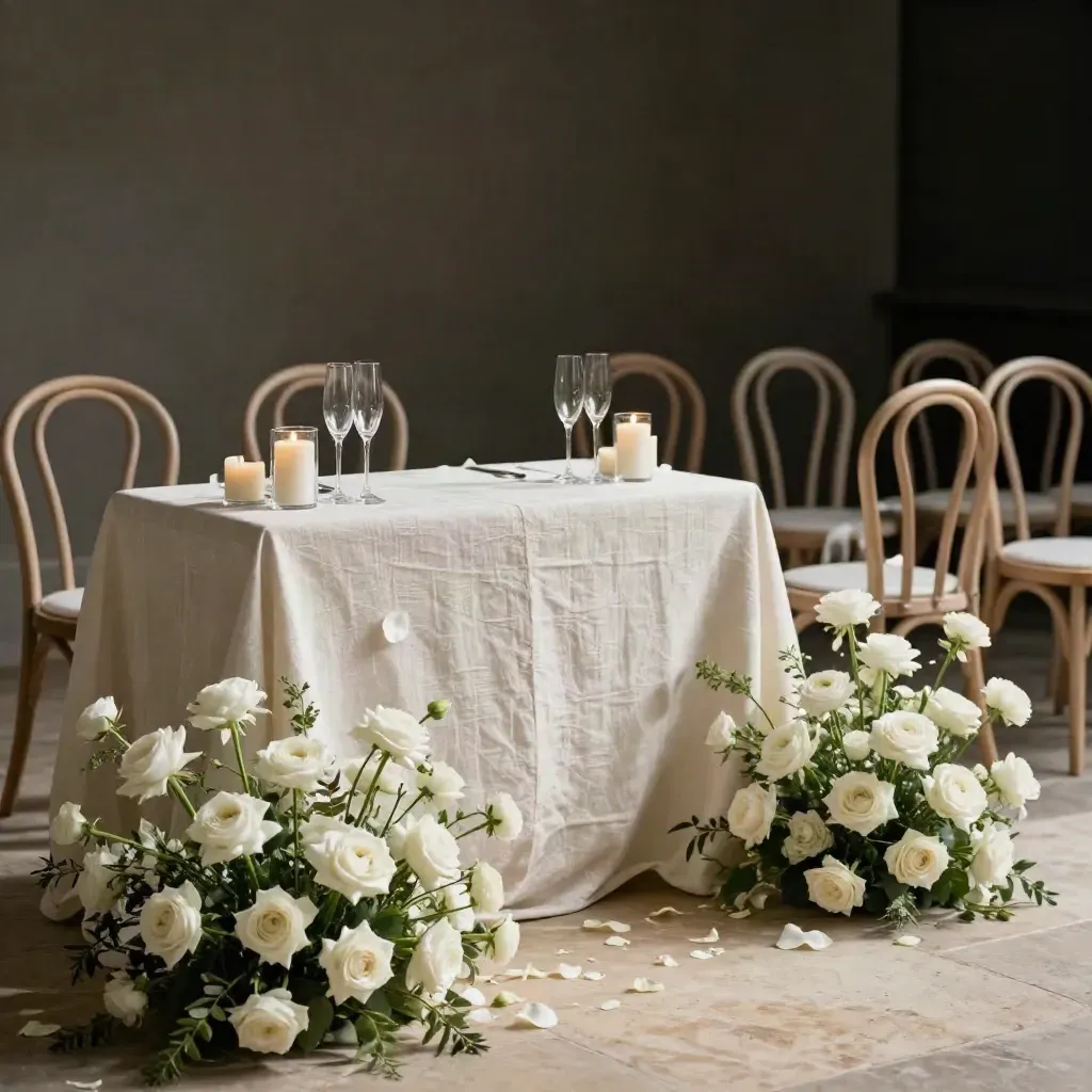 Allestimento matrimoniale intimo con fiori bianchi, candele e calici in luce calda.