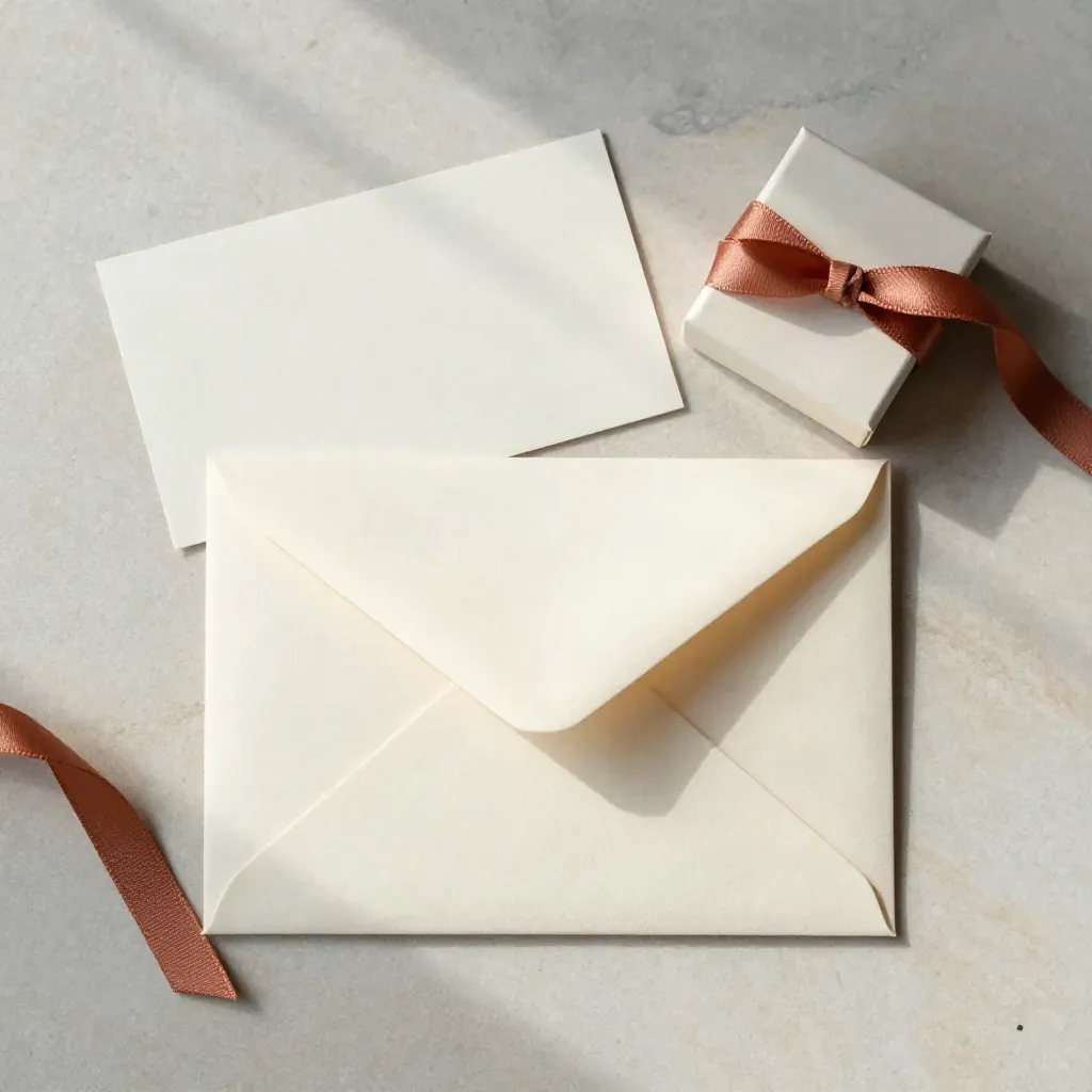 Busta regalo color avorio con nastro terracotta, cartoncino e scatolina su pietra chiara.