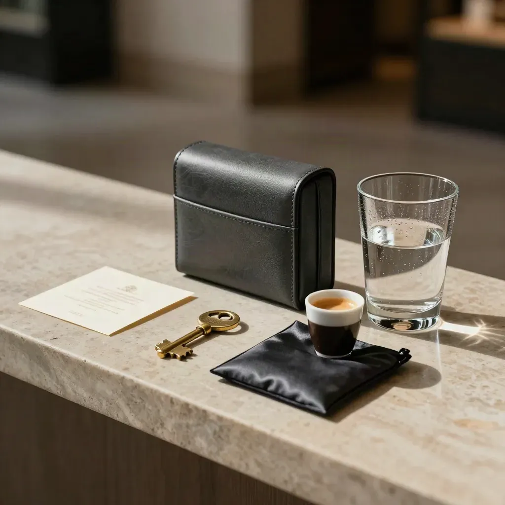 Kit concierge in pelle, chiave, bustina sigillata, espresso e acqua su console d’hotel.