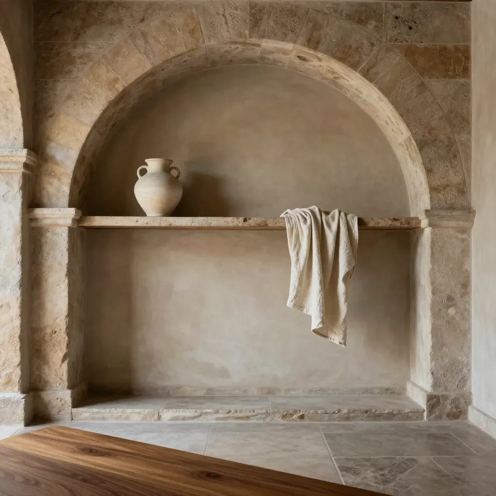 Arco storico in pietra con mensola in travertino, vaso ceramico e drappo di lino, luce del mattino.