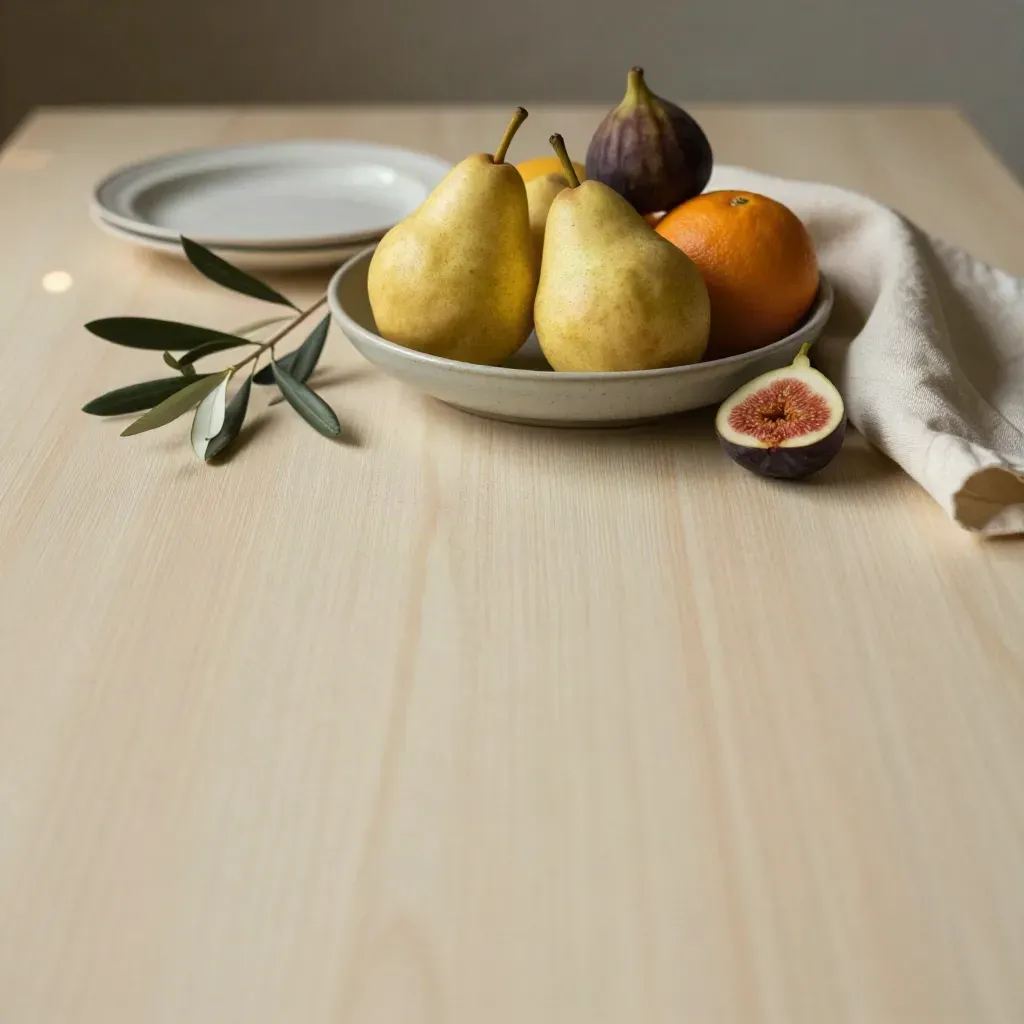 Ciotola di frutta, ramo d’ulivo e lino su legno chiaro, luce calda e sfondo morbido.