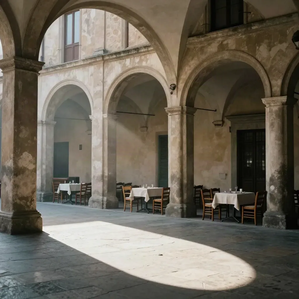 Loggia storica luminosa con tavolini vuoti, ombre diagonali e pavimento in pietra.