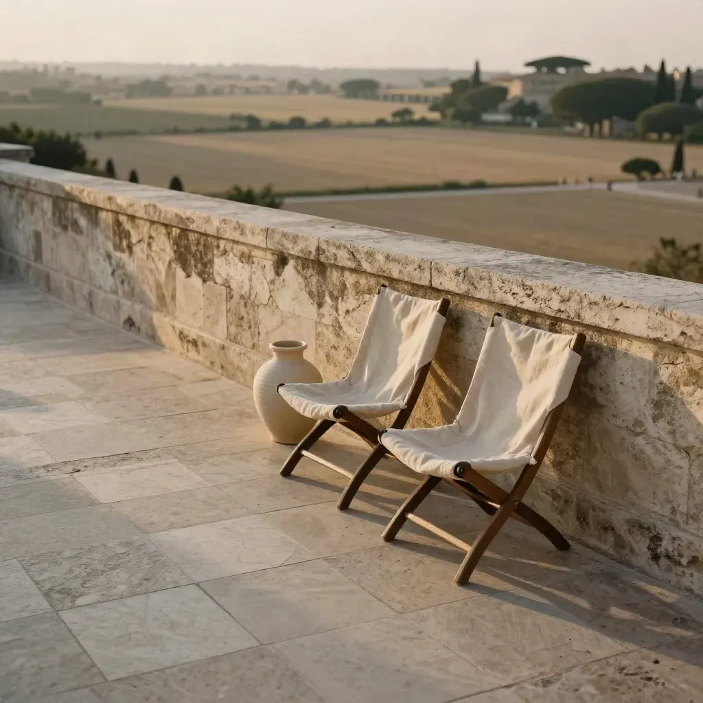 Terrazza panoramica al tramonto con parapetto in pietra, due sedie vuote, vaso e piazza sfocata.